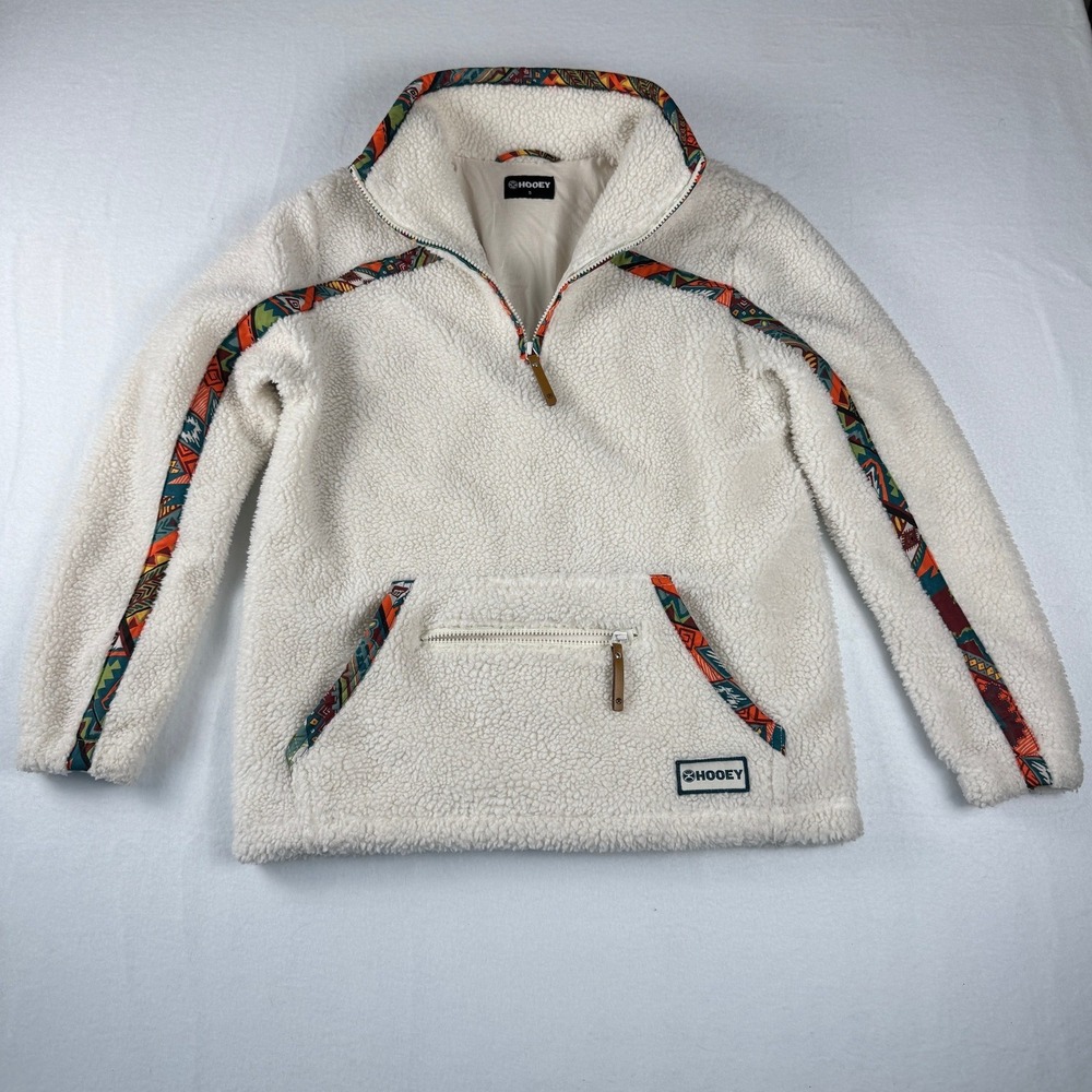 Hooey Womens Sherpa Fleece Quarter Zip Pullover Aztec Print Cream Ivory Small